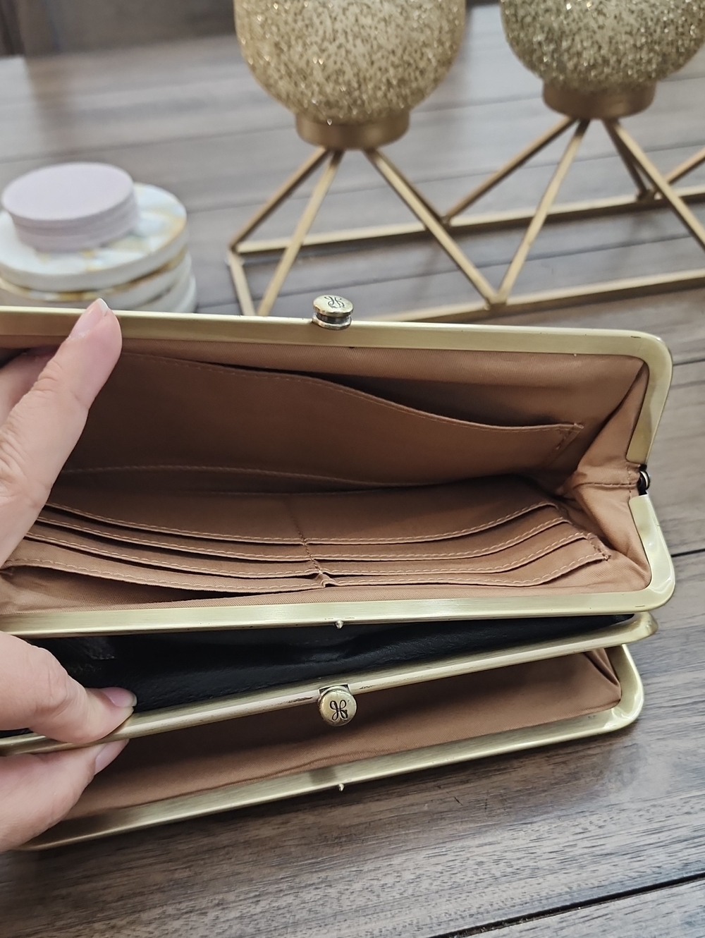 Hobo Classic Black Leather Double-Compartment Clutch with Gold Frame - Picture 12 of 15